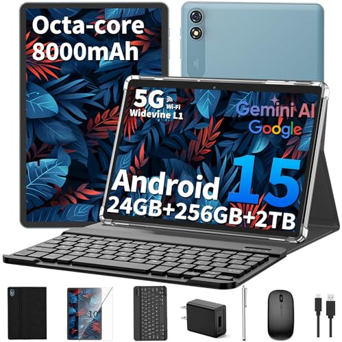 QDDQ 2025 Android 15 Tablet with Keyboard, 24GB+128GB+2TB Expansion, 10.1 inch Octa-Core 2 in 1 Tablets with 5G/2.4G WiFi, 8000mAh, BT5.0, GMS Certified, with Mouse, Case, Stylus