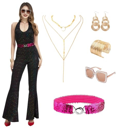 QEKFDOV Disco Clothing Ladies aus den 70ern, Kostüm -Overalls aus den 70ern, 6 Teilen des Disco -Zubehörs für Halloween -Hauptbildparty (XL)