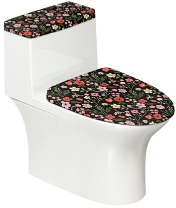 Lunette de Toilette Rose Rouge Floral Ensemble de Housses pour WC avec Fond élastique et Housse Anti Poussière Couvercle de Réservoir de Toilette Deco Salle de Bain (4 pièces)