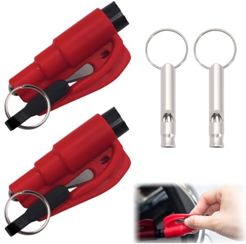 YUVKIN 2 Stück Improved Seatbelt Cutter Emergency Hammer + 2 pcs Pfeifen, 2-in-1 Safety Emergency Hammer for Cars with Seatbelt Cutter, Safety Hammer Glass Breaker for Land, Underwater, and Night
