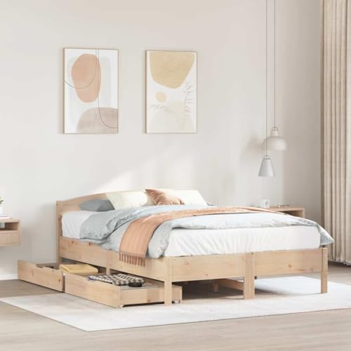 Yunovire Massivholzbett 120x200 cm Kiefernholz, unbehandelt, mit Lattenrost und Kopfteil, inklusive 2 Schubladen auf Rollen, stabiles Bettgestell für Schlafzimmer