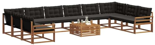 vidaXL Outdoor-Sofagarnitur mit Kissen 11 pcs Natürlich und Schwarz, Garten, modernes Sofa-Set für draußen, langlebige Loungemöbel, wetterfest, tolle Terrasse-Couch