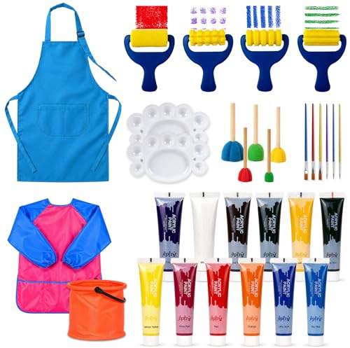 Mowtential Set de Pintura de Dedos para Niños, 12 Colores de 35 ml, Pintura Lavable con Pinceles, Esponjas de Pintura, Paleta, Cubo Plegable y Delantales Padre-Hijo, Regalo Niña 6-8 Años (Rojo)