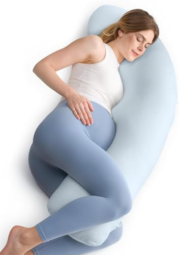 Momcozy J-förmiges Seitenschläferkissen,Schwangerschaftskissen Blau | gestrickter Baumwollbezug, OEKO-TEX, abnehmbar & waschbar, 119,38x43,18cm,vielseitiges Körperkissen,maschinenwaschbar