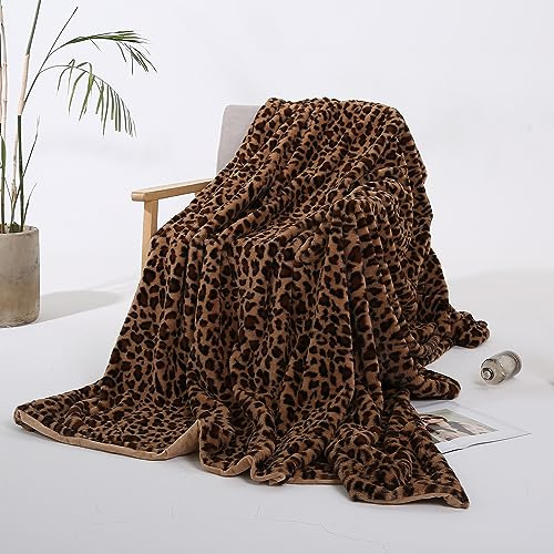 Kuscheldecke mit Leopardenmuster, Flauschige Wohndecke für Sofa & Bett, Weiche Fleece Tagesdecke, Kunstfell Decke Doppelseitig, Wärmende Winterdecke, Hautfreundlich, Pflegeleicht, 80x160 cm, Braun