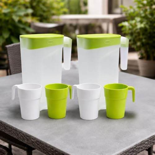 2pc Set x 2L Plastic Water Pitcher Set with 2 Fridge Door Jugs & 4 Cups | BPA-Free Juice & Milk Jug with Lid | Reusable Water Carafe for Fridge, Juice, Cold Drinks, Kitchen, Office & Camping (Green)