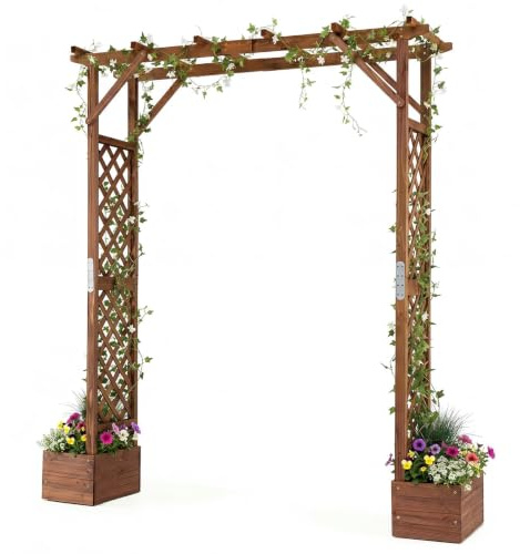 GYMAX Arche de Jardin en Bois avec 2 Bacs à Fleurs pour Plantes Grimpantes | Treillis Motif Losange, Toit Plat pour Suspensions, Renforts Métal, Décoration pour Marriage Entrée Patio, 208 x 55 x 220 cm