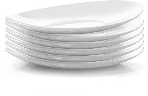 Bormioli Rocco Prometeo - Set di 6 piatti piani, 27,3 x 24,1 cm, in vetro opale temperato, bianco pulito, design curvo con texture esterne.