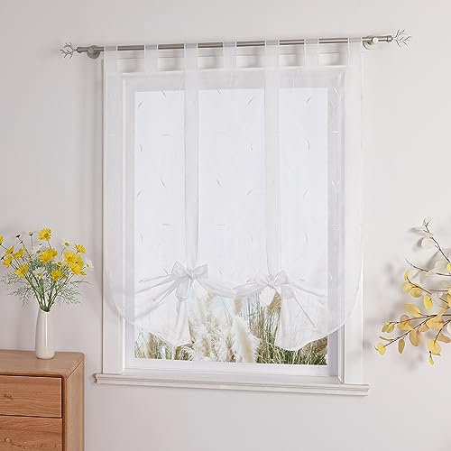 Raffrollos mit Band & Stickerei Raffgardinen Voile 1er-Pack B*H 80*140cm Weiß