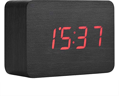 Wecker, digitale Uhr für Schlafzimmer, LED, moderne Holzuhr, 3 Helligkeitsstufen, Temperaturanzeige mit Soundsteuerung (schwarz), TV-Video, Heim-Audio