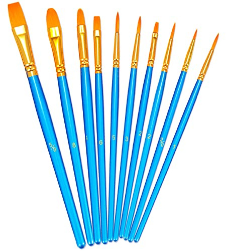 BOSOBO Pinsel-Set für Acrylmalerei, feine Spitze, Blau, 10 Stück | Ein Set mit 10 feinen Spitzen, Nylonborsten, Modell-Detailing, Handwerk, Reisen, Kinder, Anfänger-Set, Gesichtsmalerei