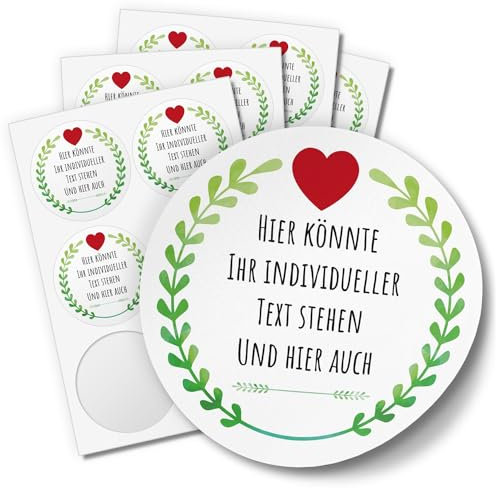 24 INDIVIDUELLE runde Etiketten SELBER GESTALTEN: Grüner Kranz mit Herz - Personalisierte Aufkleber für Hochzeit, Geburt, Taufe, Muttertag, Valentinstag, Produkte, Ostern, Weihnachten, Geburtstag