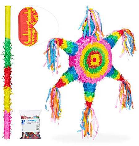 Relaxdays 4 TLG. Pinata Set Stern Mexiko, XXL Konfetti Sack, Pinatastab mit Augenmaske, Geburtstagspinata, Stock & Maske, bunt