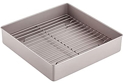 CHEFMADE Roasting Pan with Rack, 11-Inch Non-Stick Square Deep Dish Cake Pan with Wire Rack for Oven Baking, BBQ, Jelly Roll and Roasting (Champagne Gold)