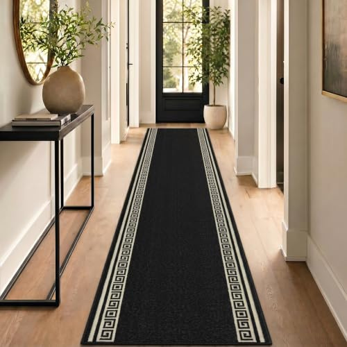 Bravich Greek Black Non Slip Hallway Runner Rug, Washable Hall & Stair Carpet Runner, Anti Slip Rubber Backed, 9mm Low Pile Fits Under Doors, 66 x 244 cm (2ft 2in x 8ft)