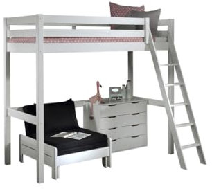 Vipack Hochbett mit Liegefläche 90 x 200 cm inkl. Sesselbett und Schubladen Kommode Kiefer massiv weiß lackiert