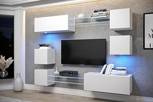 Furnitech Wohnwand Wohnzimmer | Hängend Wohnwand Modern | Wohnzimmer Schrankwand mit Regale und TV Schrank | Wohnzimmer Möbel ohne LED (AN65N-21W-M4)