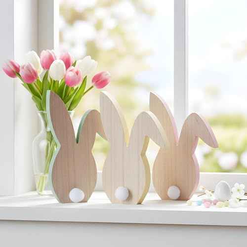 levandeo 3er Set Hase H22cm Holz Silhouette Gelb Rosa Grün Osterhase Tischdeko Oster-Deko Deko Figur Frühling Ostern Aufsteller