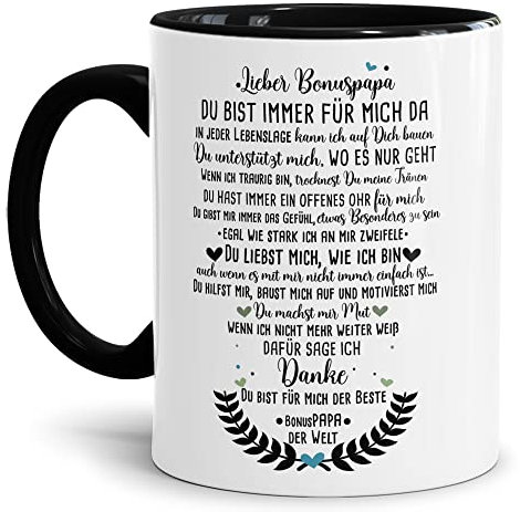Tasse mit Spruch für Bonuspapa - Danke Bonuspapa - Geschenk für den besten Bonuspapa - Keramik Innen & Henkel Schwarz, 300 ml