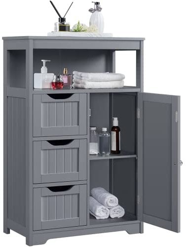 Yaheetech Mueble Baño de Madera Armario de Suelo con Cajón y Estante Ajustable Armario de Almacenamiento para Cocina Salón Gris 55x29x86cm