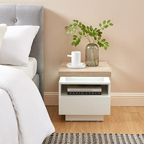 Table de Chevet Cosmos à LED Blanche, laqué Blanc et Effet chêne