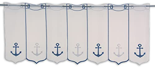 Clever-Kauf-24 Scheibengardine Anker Bestickt Bistrogardine blau weiß Höhe 45cm versch. Breiten (BxH 128x45cm)