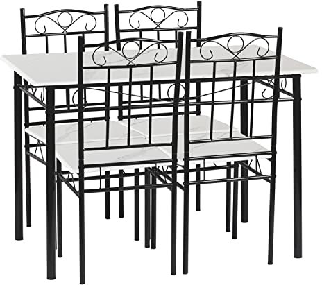 DORAFAIR Esszimmer-Set mit Tisch und 4 Stühlen, Weiße Marmorierter Esstisch und Stühle, Weiße Metallbeine, für Esszimmer
