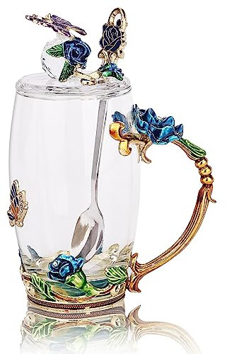 GeeWaa Enamel Butterfly Flower Tea Cup Sets with Spoon and Lid, Glass Coffee Mug, Mothers Day Gifts for Mum, Wedding Birthday Graduation Valentines Christmasgifts for Women Wife Friend (Blue)