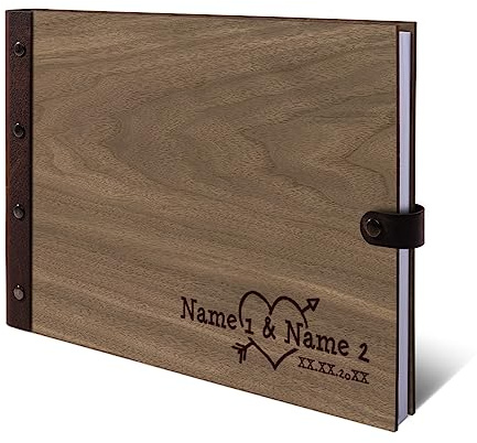 Personalisiertes Hochzeit Gästebuch echtes Holz DIN A4 Hochzeitsbuch mit Lasergravur - Herzpfeil - mit 72 Blatt / 144 Seiten Naturpapier Weiß