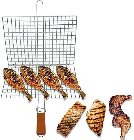 VR7 BBQ Grill Basket, Foldable Fish Grill Basket with solid grip handle, Perfect for Outdoor Barbecue Grilling, Seafood, Vegetables, Meat, and Shrimp Includes Handy Cleaning Brush