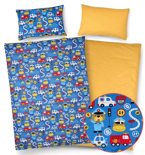 PinkZebra Baby & Kinder Bettwäsche mit Reißverschluss: Decke 100 x 135 cm + Kissen 40 x 60 cm, Babybettwäsche für Jungs aus 100% Baumwolle, Öko-Tex Standard 100, Made in EU, Bär Polizist