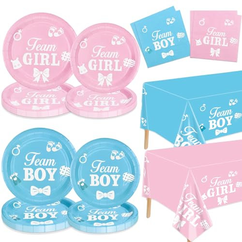 XJLANTTE Decorazioni Gender Reveal - Compresi piatti, tovaglioli, tovaglie Team Boy Team Girls per Baby Shower Lui o Lei Sesso, per 20 ospiti (Gender Reveal-20 set)
