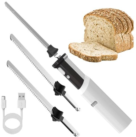 HYQNG Couteau à découper électrique, Couteau à Pain sans Fil, Couteau à trancher la Viande Rechargeable, Couteau à Pain avec 2 Lames dentelées de 8 en Acier Inoxydable et déclencheur de Verrouillage