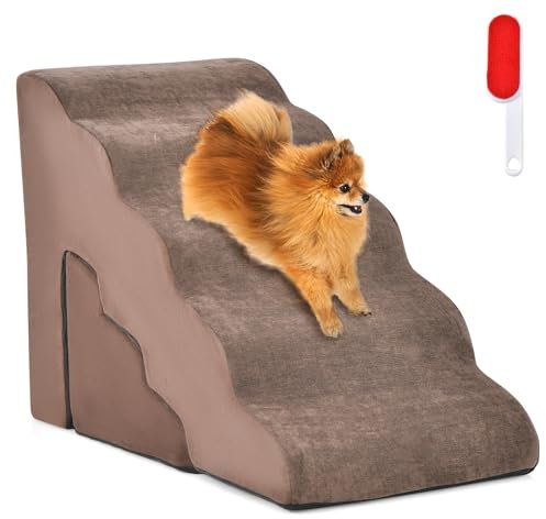 Maxmass Pet Stairs, 4/5 Tiers Dog Ladder with Hole, Removable Cover, Non-Slip Bottom and Lint Brush, High Density Foam Pet Ramp Dog Steps for Bed Sofa (3/5 Tiers: 83 x 40 x 56 cm, Brown)