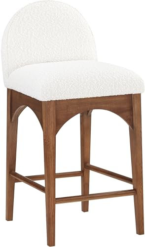 Meridian Furniture 399Cream-C Waldorf Collection Art-Deco-Hocker mit reichhaltigem cremefarbenem Bouclé-Stoff, massives Eschenholz, Walnussholz, Thekenhöhe Hocker, 45,7 x 50,8 x 94 cm (B x T x H),