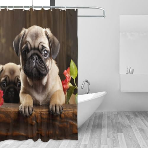 HerfsT Duschvorhang mit Mops-Motiv, wasserdicht, Polyester-Stoff, modernes Zuhause, Badezimmer, Dekoration, Badewanne, Sichtschutz