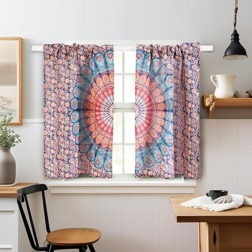 Popular Handicrafts Indischer Hippie-Vorhang, Bohemian-Stil, Pfauen-Mandala, Raumteiler, Blau, kp1875