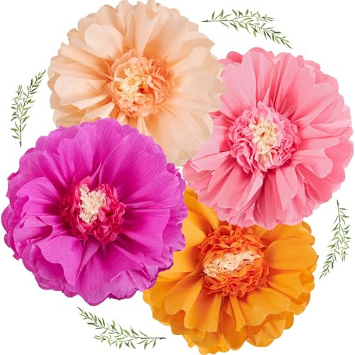 EASY JOY Lot de 4 fleurs géantes en papier rose vif et orange de 50,8 cm pour décoration de fête - Décorations de printemps - Pompons en papier de soie pour fête d'anniversaire