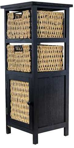 DARO DEKO Holz und Seegras Schrank mit Zwei Kisten 33 x 84cm schwarz braun Beistell-Schrank Nachttisch Regal
