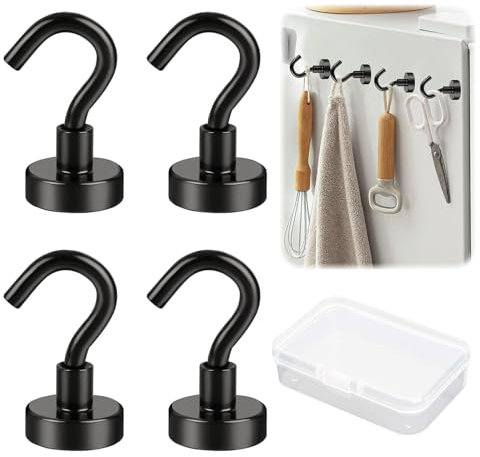 ChAusa 4 Pack Neodymium Magnet Hooks 20 mm, Magnet Hooks Extra Strong Holds 33 lb (15 kg) Magnets with Hooks, Black Super Strong Magnetic Hook for Iron Doors Refrigerators Kitchen Clothes Rack