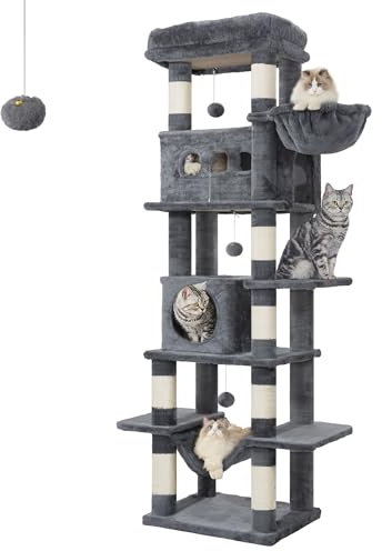Hzuaneri 170 cm Grand Arbre à Chat, Tour à Chat pour Chats d'intérieur, avec Grand Perchoir, Tapis Lavable, 2 Niches Chats, 8 Griffoirs, Hamac, Pompons, Gris Foncé MS17018SG