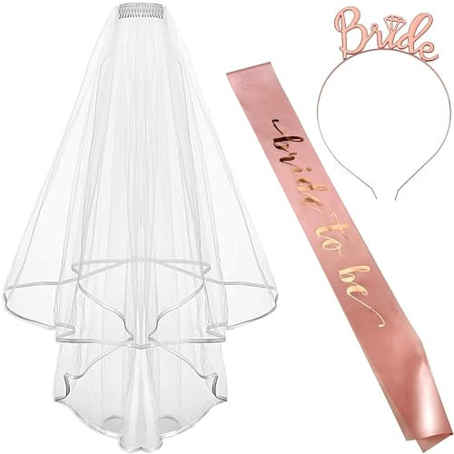 Accessoires für Bride to Be, Frauen Junggesellinnenabschied Set - Braut Schärpe, Schleier, Rosegold Stirnband und Accessoires für Bachelorette Party und Hochzeitsfotografie, 3 Stück