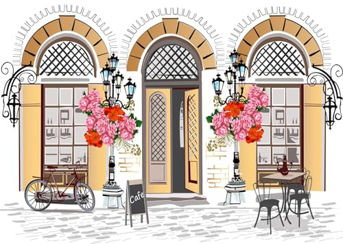 CORFOTO 2.1x1.5m Street Cafes Backdrop Hand Drawn French Paris Cafe Shop Photography Backdrop Retro Old Town Cafe Store Backdrop Tea Party Theme Decor Portrait Photo Studio Prop