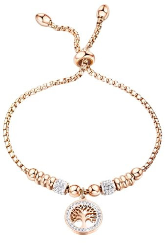 Pulsera Mujer Ajustable con Colgante Árbol de la Vida - Oro Rosa o Plateada | Regalos Originales para Mujer | Pulsera Mujer Acero Inox con Circonias Cúbicas | Regalo Mujer. VLC ArtsⓇ