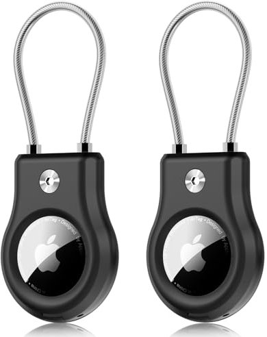 Compatible with Apple AirTag Secure Holder, FlyCoco 2 Pack AirTag Lock Case Keychain Holder with Wire Cable, Anti-Lost Protective Case with Keyring for Luggage Key Backpack Dog Collar, Black