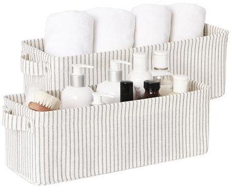 StorageWorks schmale Aufbewahrungsbox Korb, Aufbewahrungskorb Stoff zum Ordnen, Aufbewahrung schmal und hoch mit Griffen, faltbare Aufbewahrungskörbe Badezimmerschrank, grau-weiß gestreift, 2 Stück