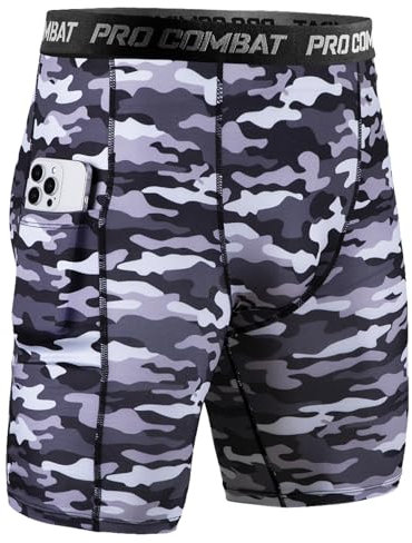 Niksa 1er Pack Herren Kompressionsshorts,Schnelltrocknendes Baselayer Unterhose Tights Kurz hochwertig, Sportshorts mit Handytasche, Graue Tarnung, L