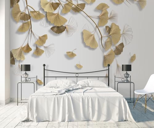 Fototapete 3D Tapete Abstrakte goldene Ginkgo Blätter Tapeten Vliestapete Wandbilder Wanddeko Wandtapete -S024-350cmx250cm
