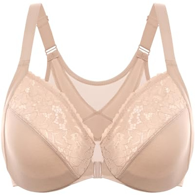 DELIMIRA Women's Front Closure Bras Posture Full Coverage Plus Size Lace Underwire Unlined Bra Beige 42C