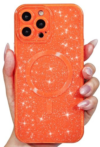 Svanove Glitter Case for iPhone 16 Pro Phone Case Magnetic Compatible with Magsafe, Sparkle Bling Shiny Cute Girly Design, Aesthetic Slim Soft TPU Mag Cover for Women Girl, Neon Orange